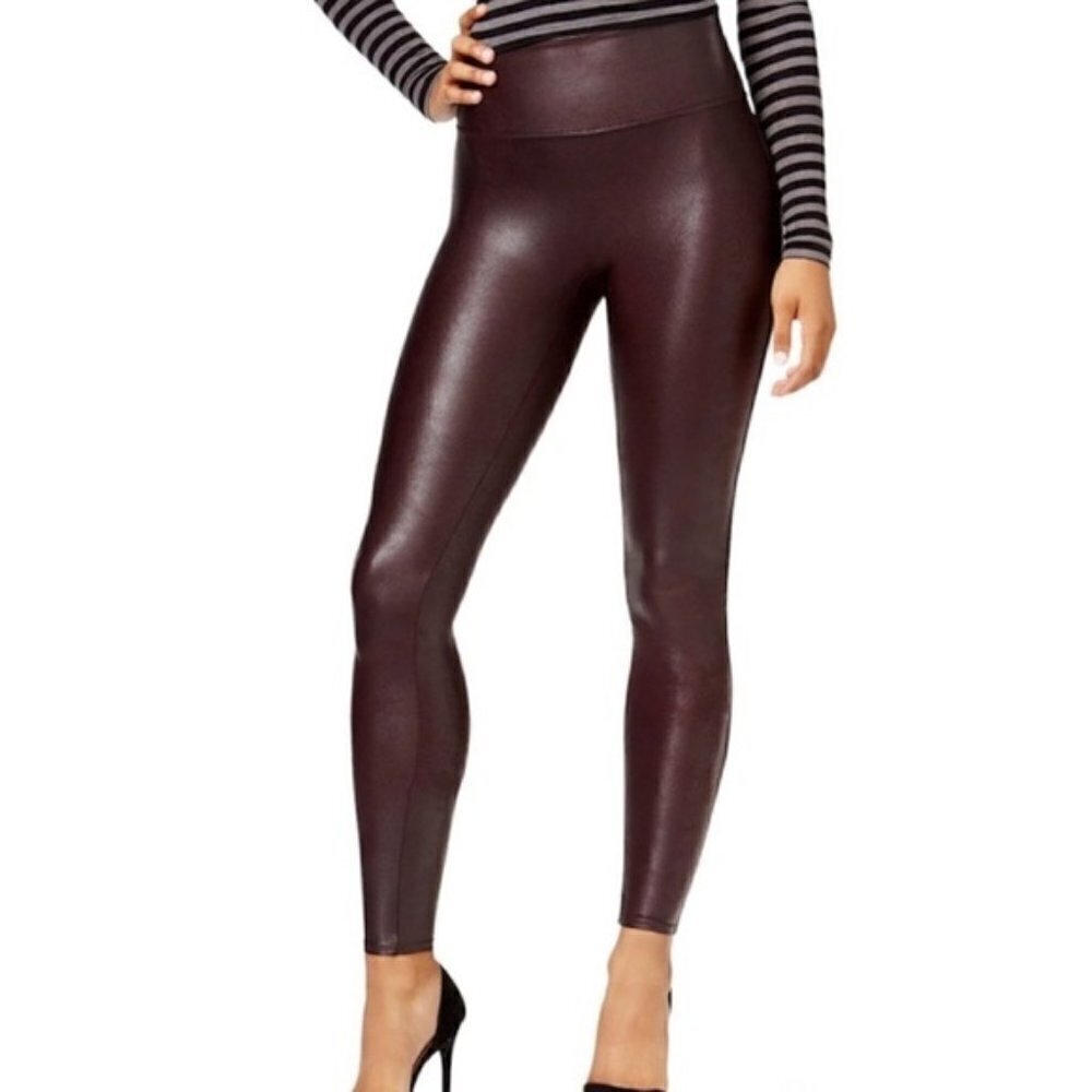 Spanx  Faux Leather Full Length Legging Burgundy Wine High Rise Tummy Smoothing
